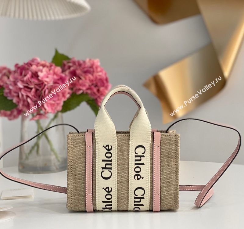 Chloe Mini Woody Tote Bag in Linen Canvas and Calfskin Leather Light Pink 2025 1120 (DLA-251120099)