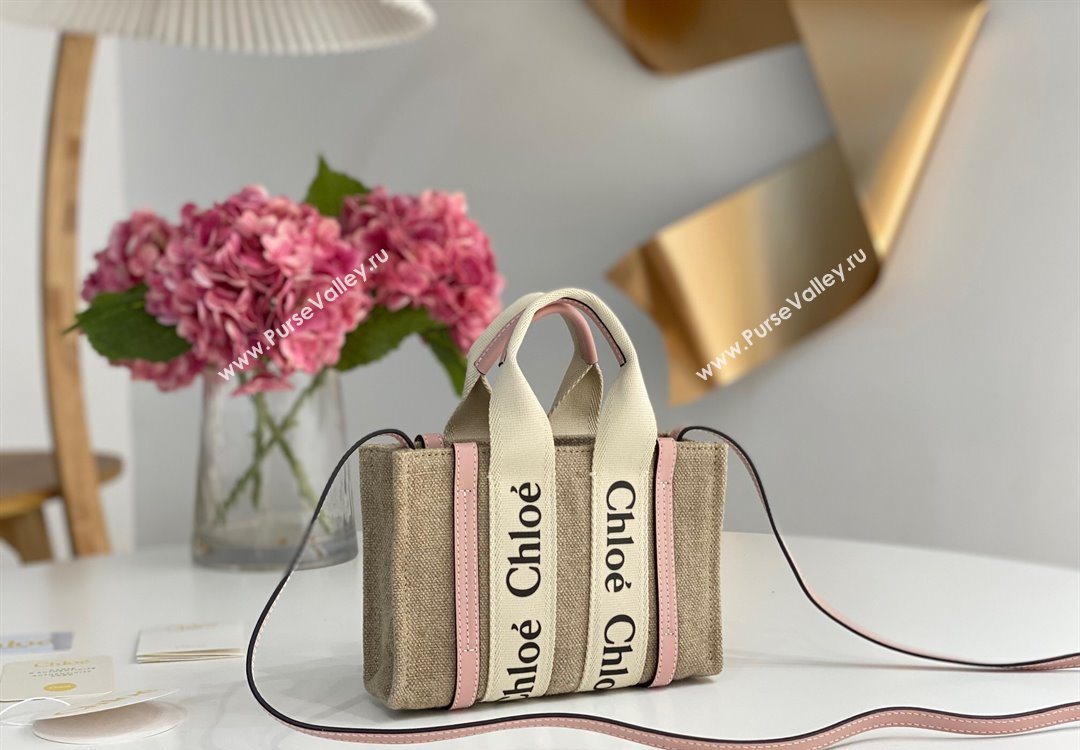Chloe Mini Woody Tote Bag in Linen Canvas and Calfskin Leather Light Pink 2025 1120 (DLA-251120099)