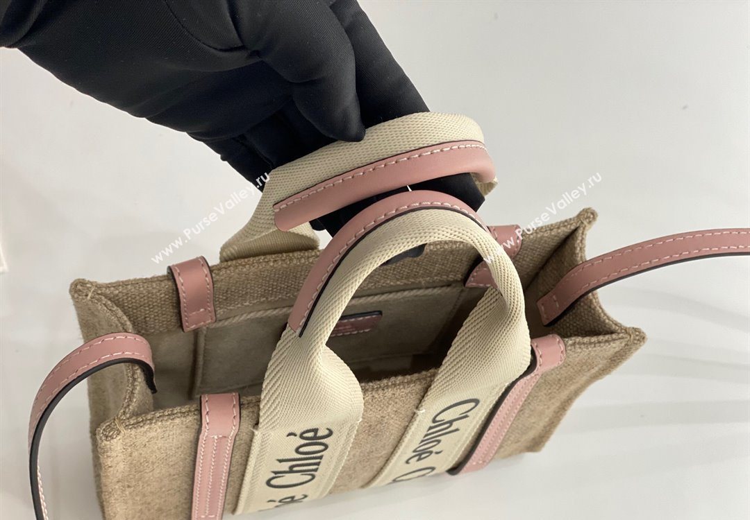 Chloe Mini Woody Tote Bag in Linen Canvas and Calfskin Leather Light Pink 2025 1120 (DLA-251120099)