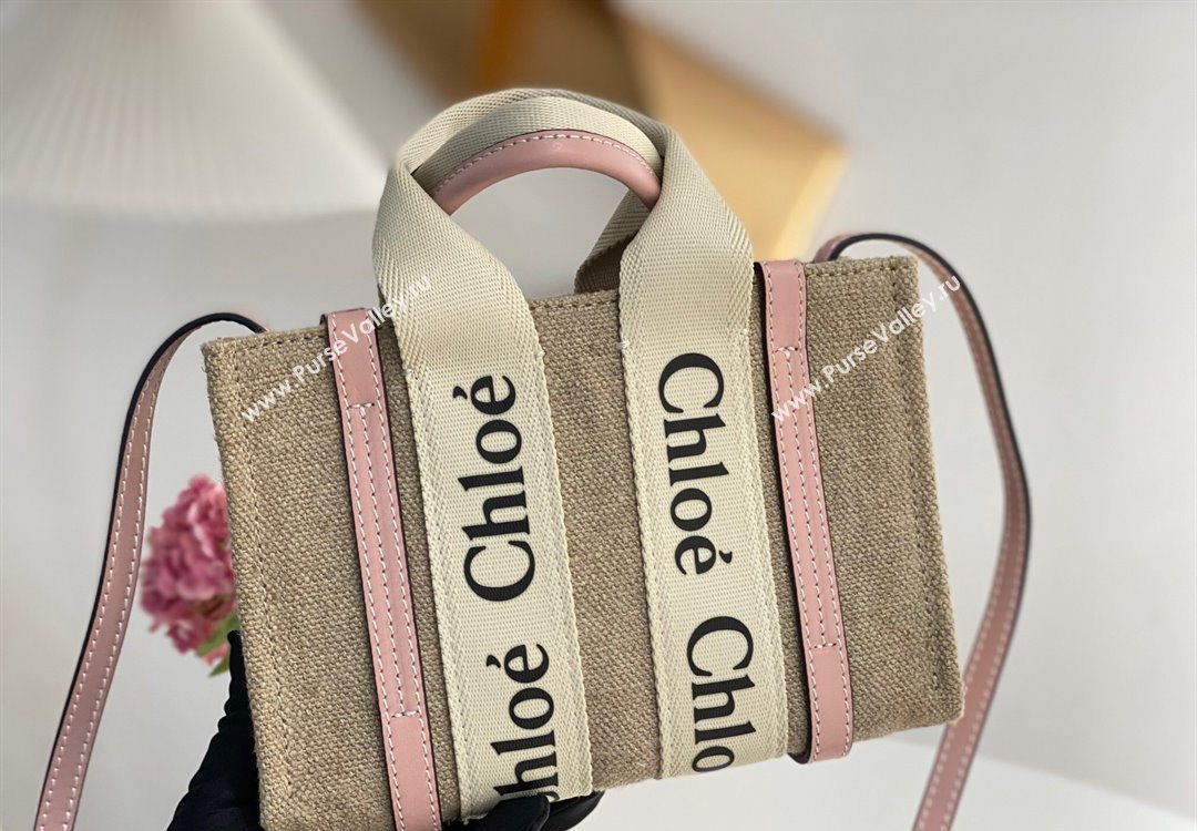 Chloe Mini Woody Tote Bag in Linen Canvas and Calfskin Leather Light Pink 2025 1120 (DLA-251120099)