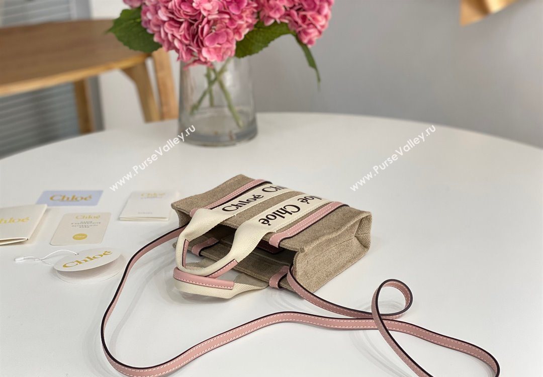 Chloe Mini Woody Tote Bag in Linen Canvas and Calfskin Leather Light Pink 2025 1120 (DLA-251120099)