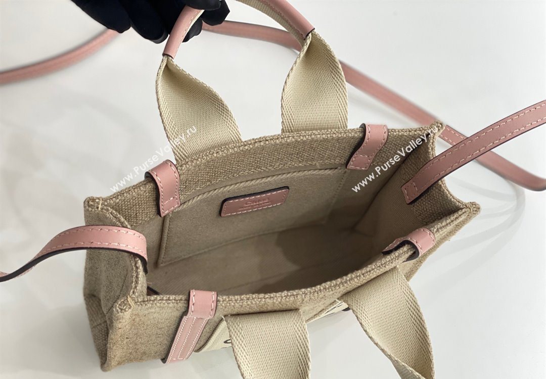 Chloe Mini Woody Tote Bag in Linen Canvas and Calfskin Leather Light Pink 2025 1120 (DLA-251120099)