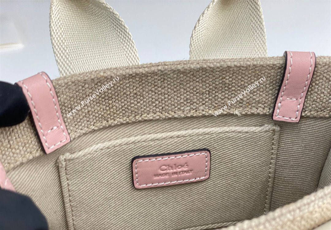 Chloe Mini Woody Tote Bag in Linen Canvas and Calfskin Leather Light Pink 2025 1120 (DLA-251120099)