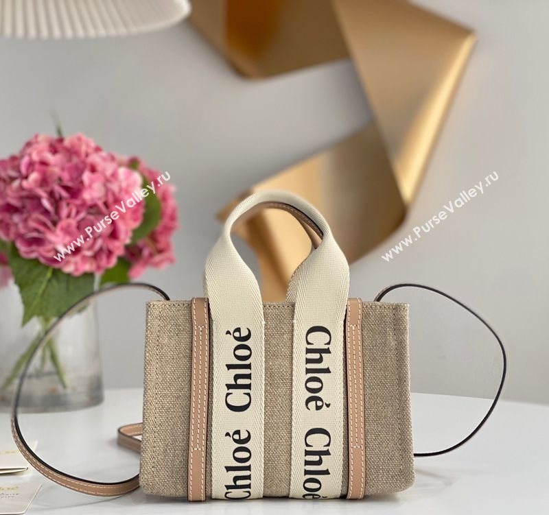 Chloe Mini Woody Tote Bag in Linen Canvas and Calfskin Leather Beige 2025 1120 (DLA-251120100)