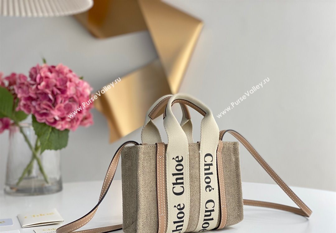 Chloe Mini Woody Tote Bag in Linen Canvas and Calfskin Leather Beige 2025 1120 (DLA-251120100)