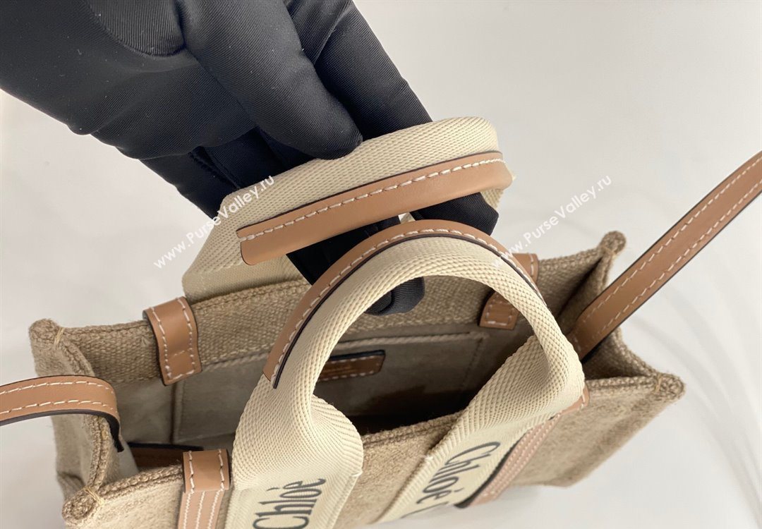 Chloe Mini Woody Tote Bag in Linen Canvas and Calfskin Leather Beige 2025 1120 (DLA-251120100)