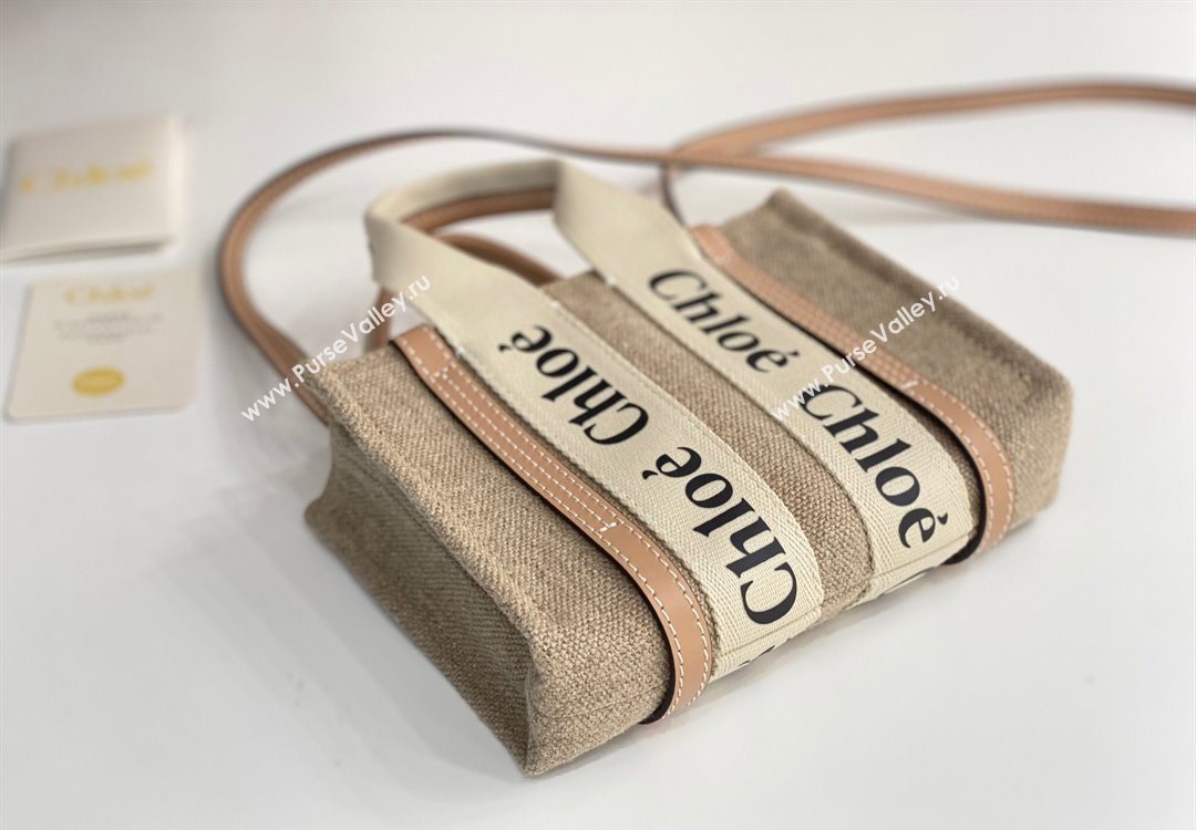 Chloe Mini Woody Tote Bag in Linen Canvas and Calfskin Leather Beige 2025 1120 (DLA-251120100)