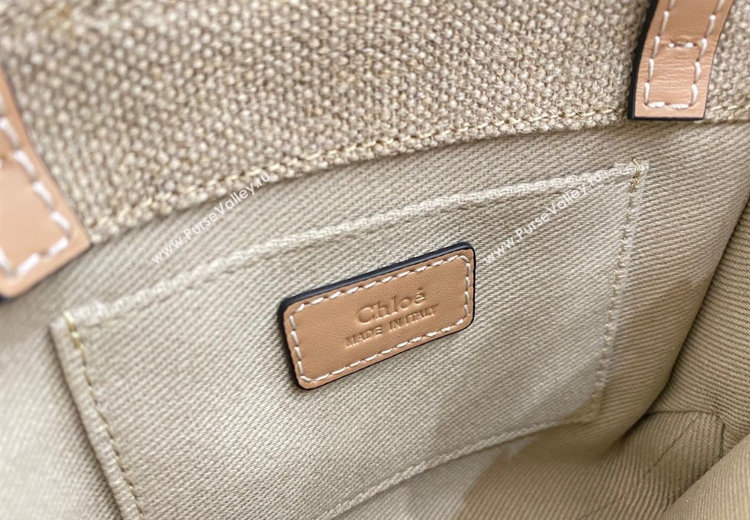 Chloe Mini Woody Tote Bag in Linen Canvas and Calfskin Leather Beige 2025 1120 (DLA-251120100)