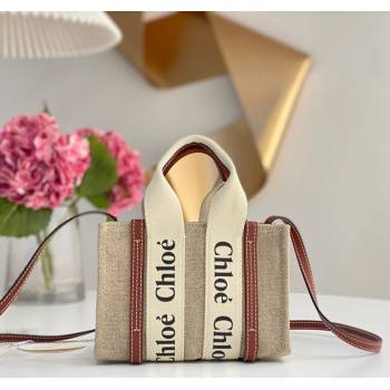 Chloe Mini Woody Tote Bag in Linen Canvas and Calfskin Leather Brown 2025 1120 (DLA-251120101)