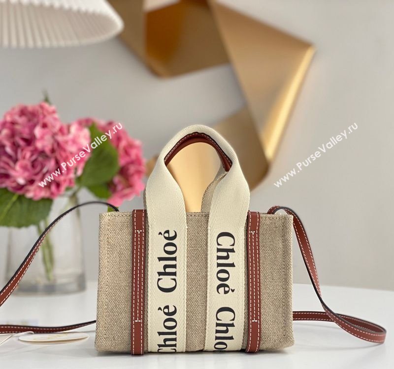 Chloe Mini Woody Tote Bag in Linen Canvas and Calfskin Leather Brown 2025 1120 (DLA-251120101)