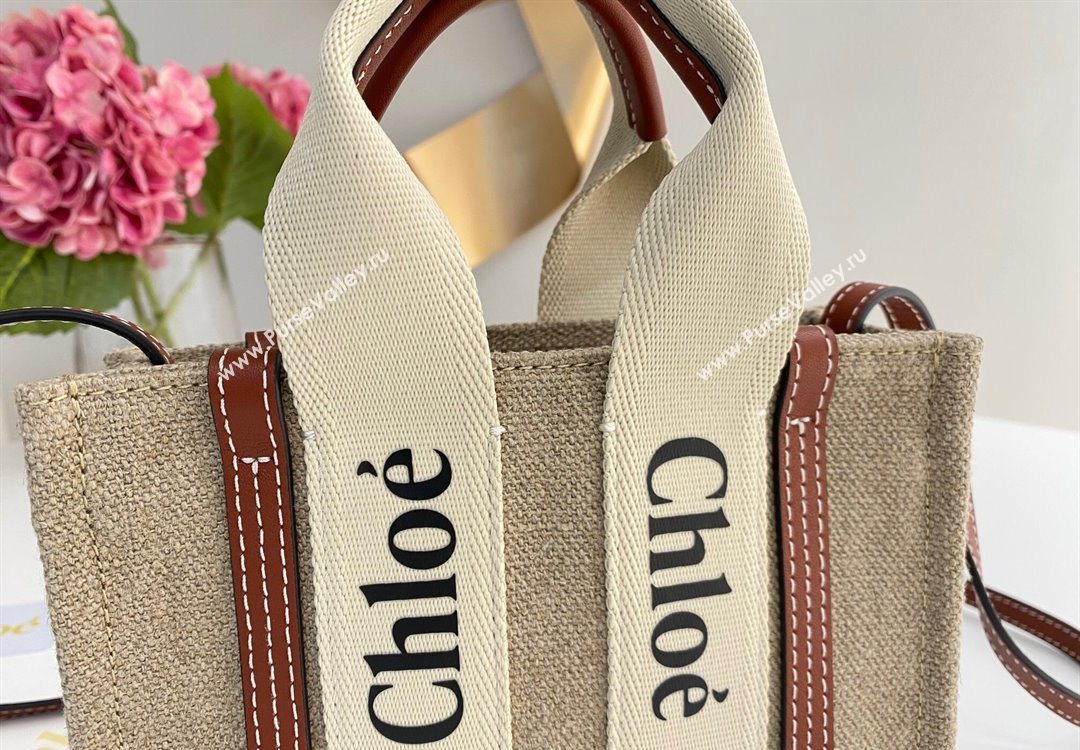 Chloe Mini Woody Tote Bag in Linen Canvas and Calfskin Leather Brown 2025 1120 (DLA-251120101)