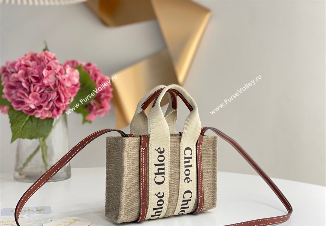 Chloe Mini Woody Tote Bag in Linen Canvas and Calfskin Leather Brown 2025 1120 (DLA-251120101)