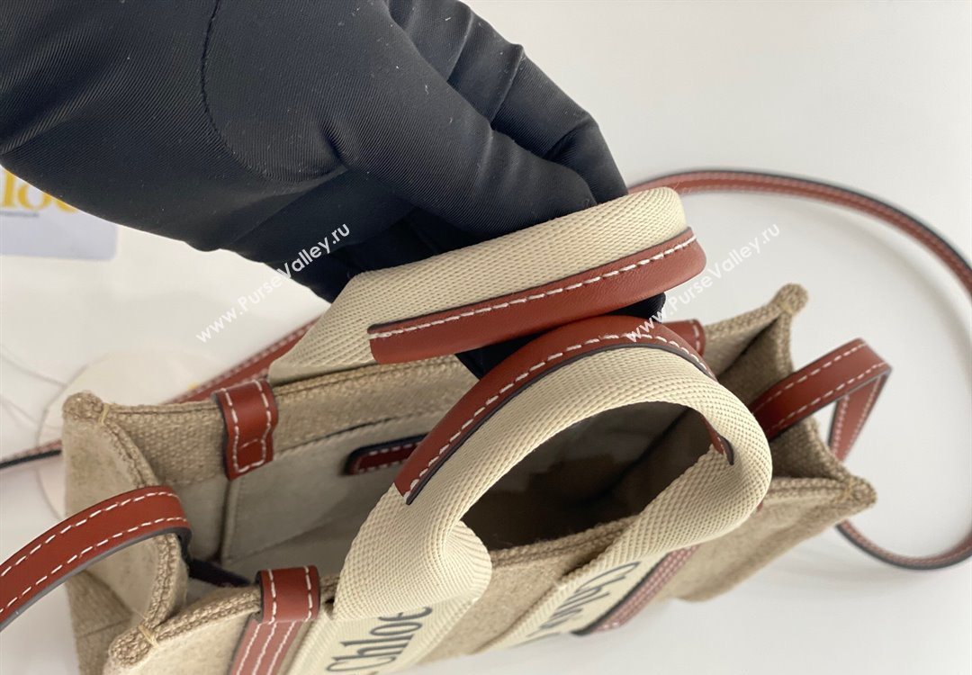 Chloe Mini Woody Tote Bag in Linen Canvas and Calfskin Leather Brown 2025 1120 (DLA-251120101)