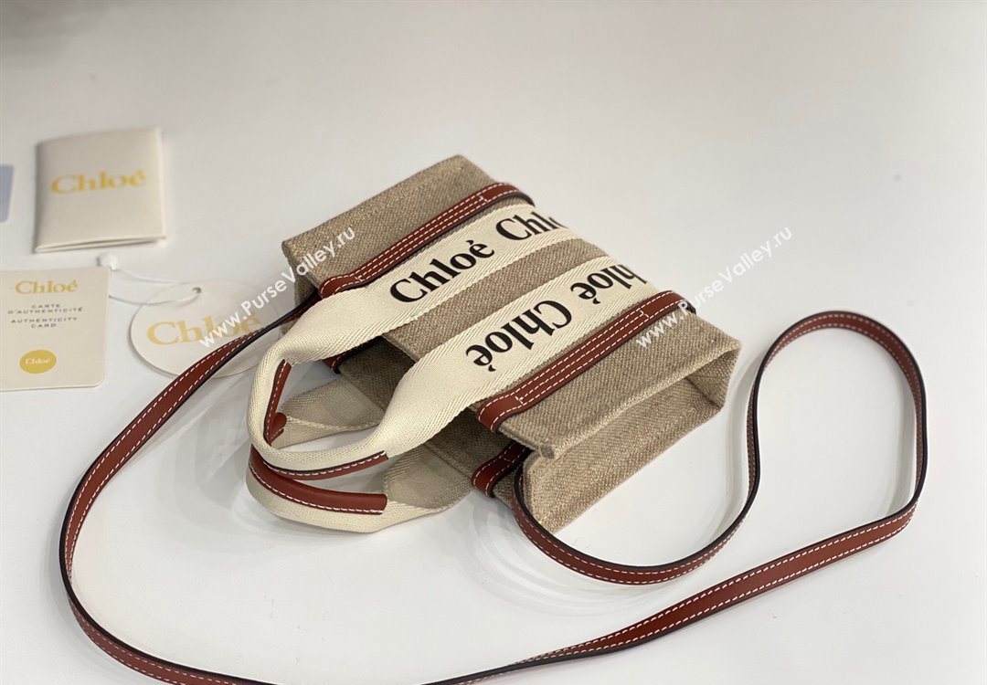 Chloe Mini Woody Tote Bag in Linen Canvas and Calfskin Leather Brown 2025 1120 (DLA-251120101)