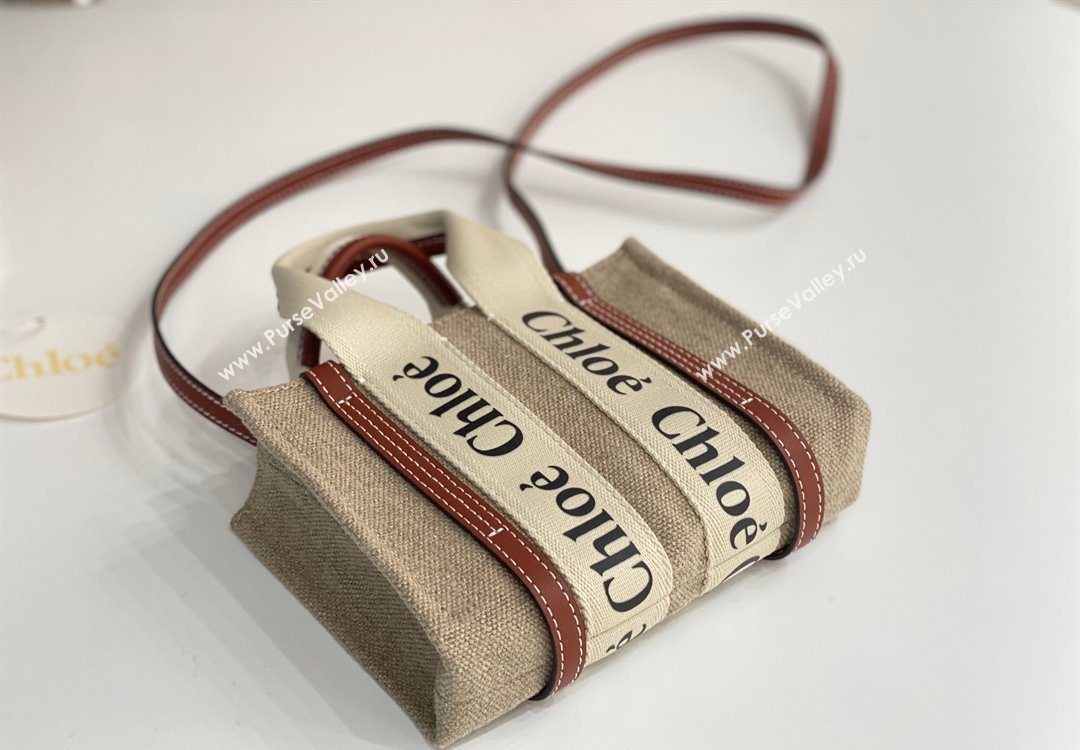 Chloe Mini Woody Tote Bag in Linen Canvas and Calfskin Leather Brown 2025 1120 (DLA-251120101)