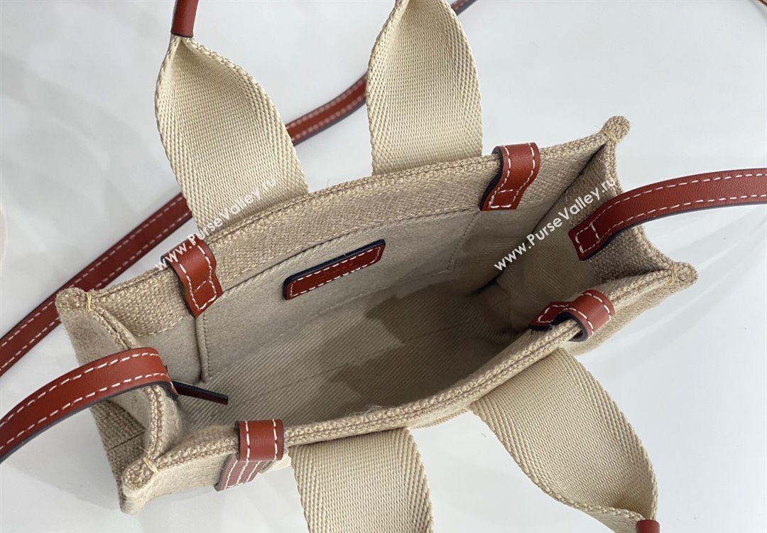 Chloe Mini Woody Tote Bag in Linen Canvas and Calfskin Leather Brown 2025 1120 (DLA-251120101)