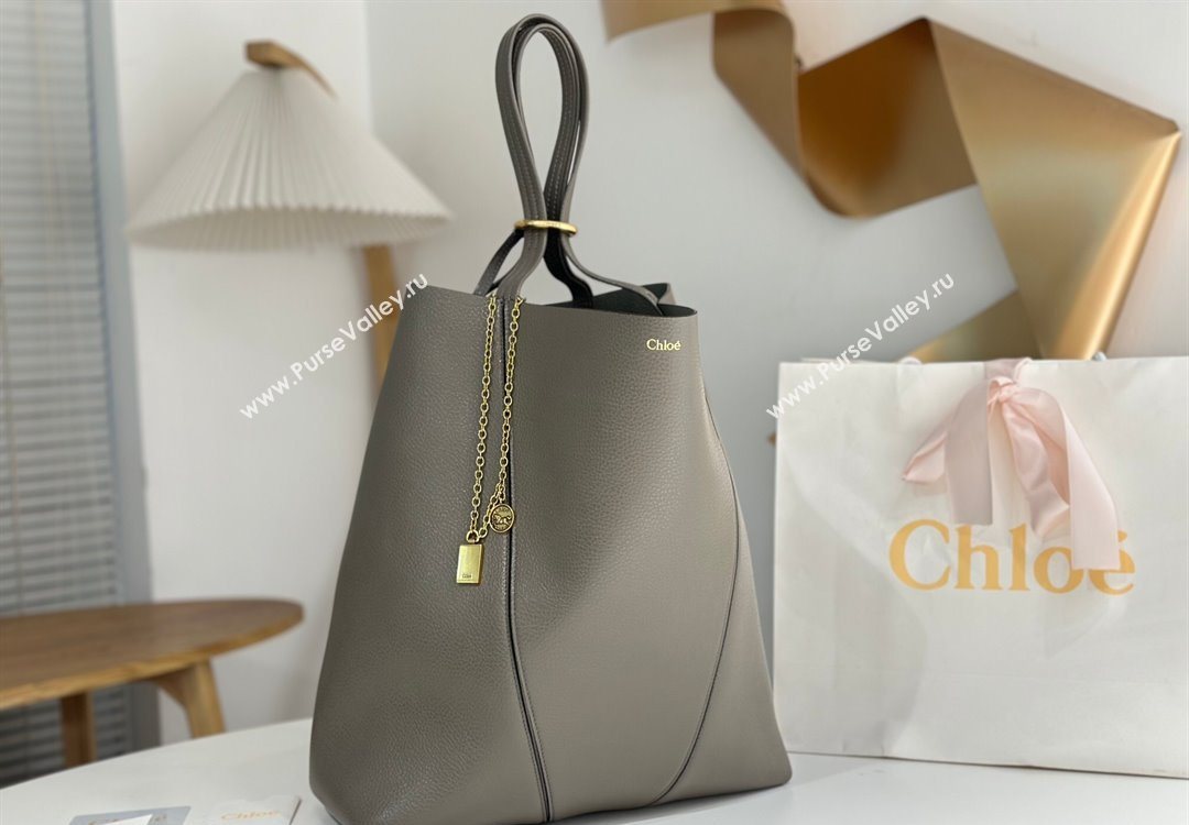 Chloe Large Spin Tote Bag in Grained Leather Grey 2025 1120 (DLA-251120042)