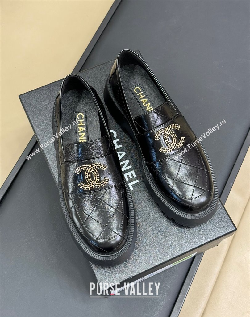 Chanel Quilted Oil Calfskin Platform Loafers 4.5cm with Chain CC Black 2024 CH101709 (SS-241017038)