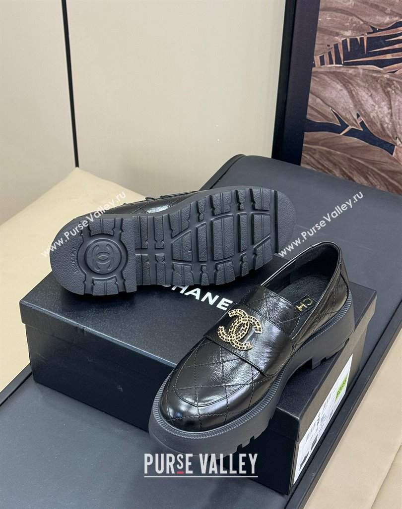 Chanel Quilted Oil Calfskin Platform Loafers 4.5cm with Chain CC Black 2024 CH101709 (SS-241017038)