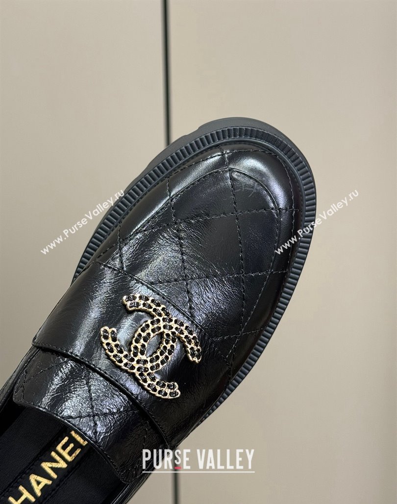 Chanel Quilted Oil Calfskin Platform Loafers 4.5cm with Chain CC Black 2024 CH101709 (SS-241017038)