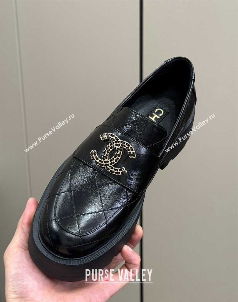 Chanel Quilted Oil Calfskin Platform Loafers 4.5cm with Chain CC Black 2024 CH101709 (SS-241017038)