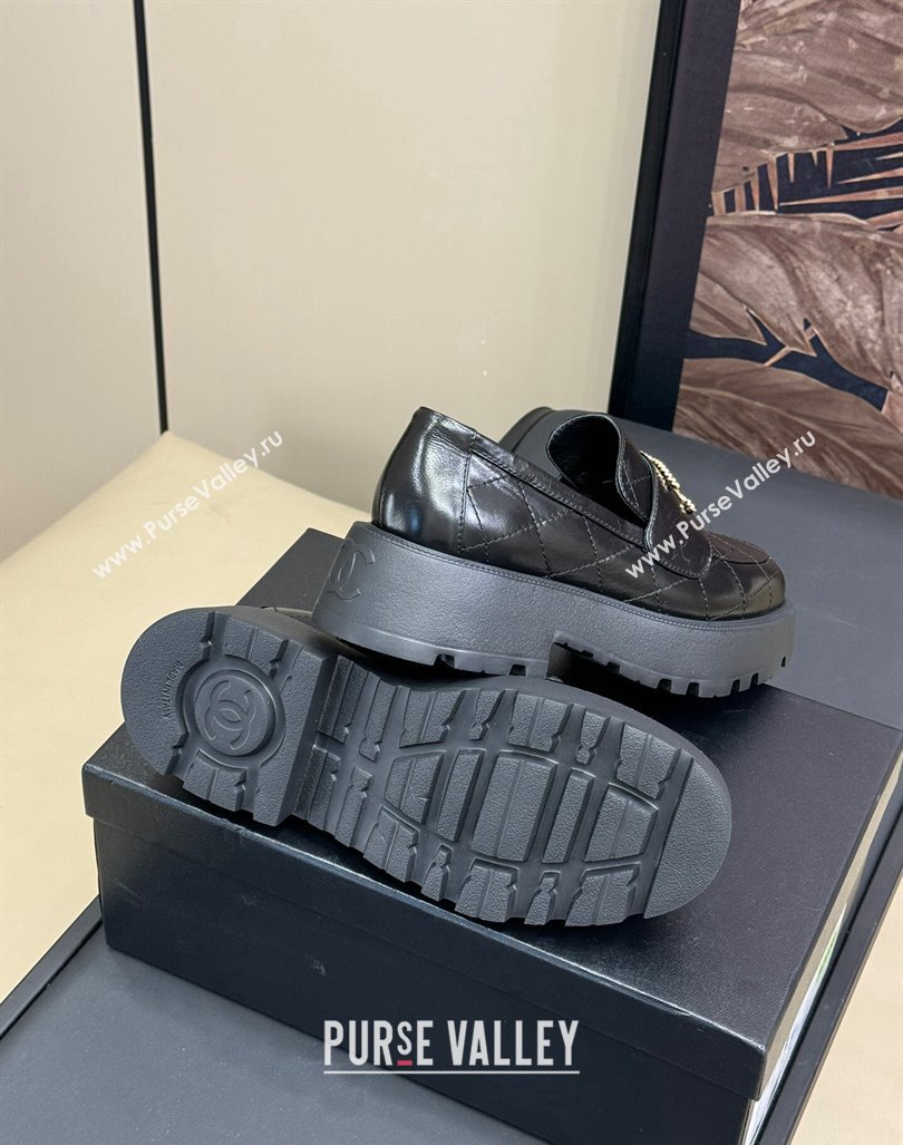 Chanel Quilted Oil Calfskin Platform Loafers 4.5cm with Chain CC Black 2024 CH101709 (SS-241017038)