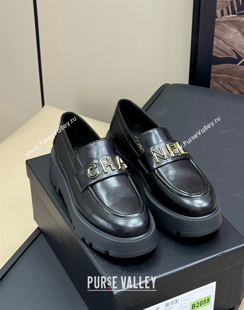 Chanel Oil Calfskin Platform Loafers 5.5cm with Letters Black 2024 CH101710 (SS-241017048)