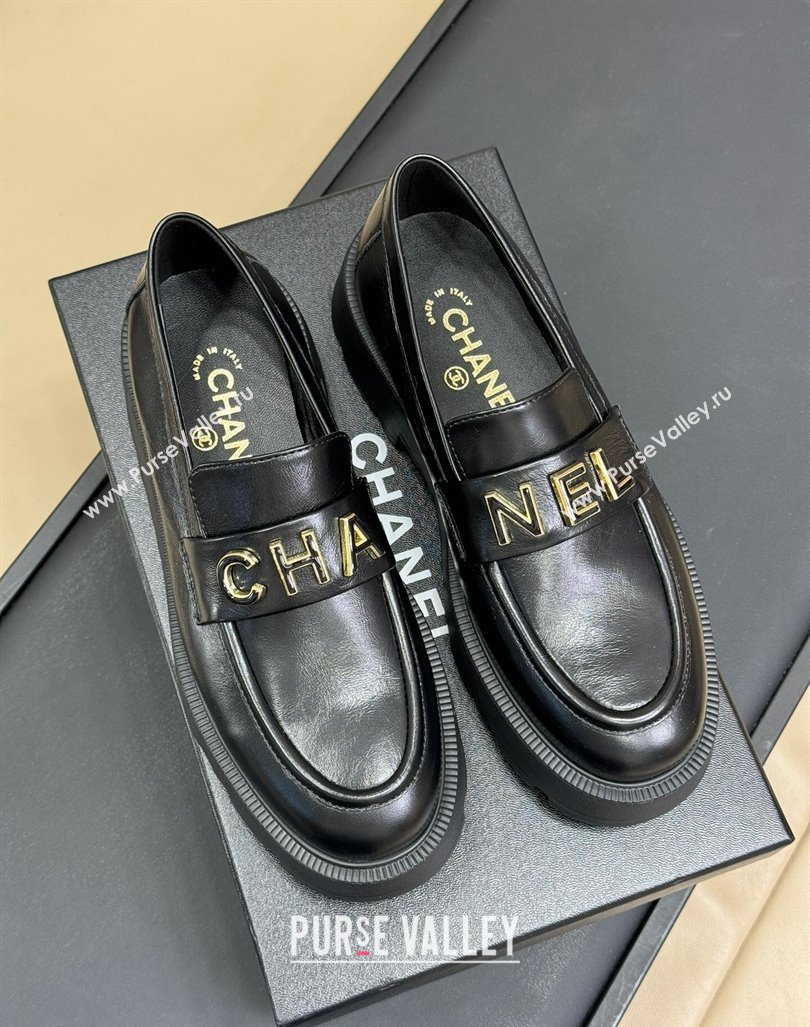 Chanel Oil Calfskin Platform Loafers 5.5cm with Letters Black 2024 CH101710 (SS-241017048)