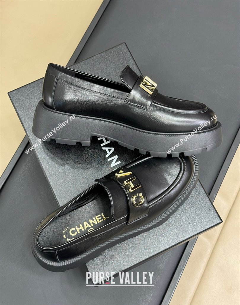 Chanel Oil Calfskin Platform Loafers 5.5cm with Letters Black 2024 CH101710 (SS-241017048)