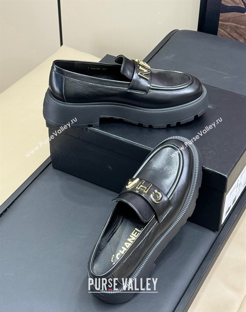 Chanel Oil Calfskin Platform Loafers 5.5cm with Letters Black 2024 CH101710 (SS-241017048)