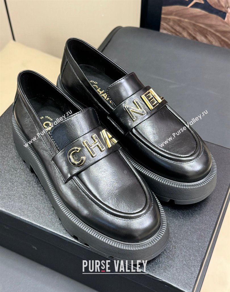 Chanel Oil Calfskin Platform Loafers 5.5cm with Letters Black 2024 CH101710 (SS-241017048)