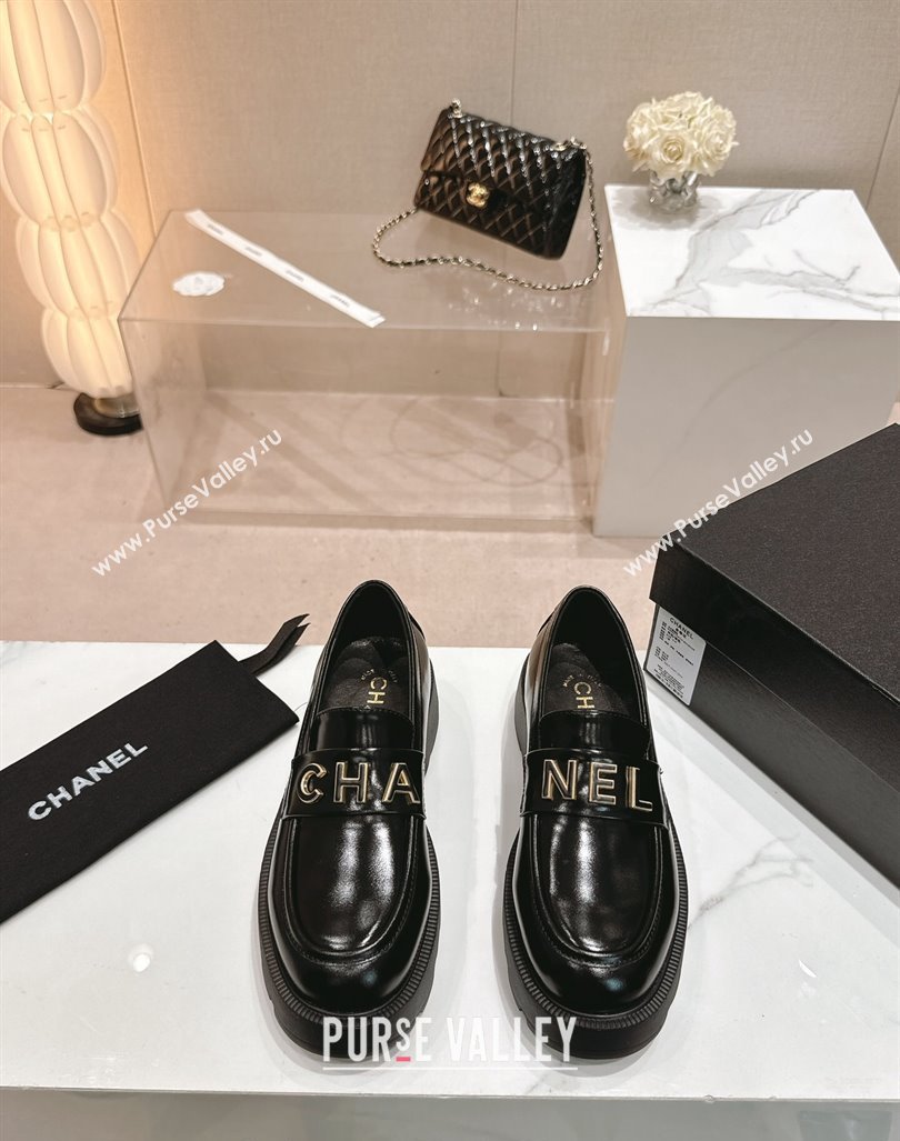 Chanel Patent Calfskin Platform Loafers 4.5cm with Letters Black 2024 CH101711 (SS-241017050)