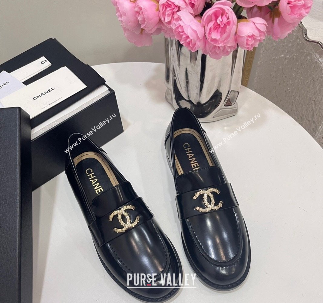 Chanel Patent Calfskin Loafers with Strass CC Black 2024 CH101712 (KL-241017053)