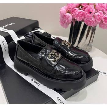 Chanel Patent Calfskin Platform Loafers 4.5cm with Chain CC Black 2024 CH101709 (KL-241017040)