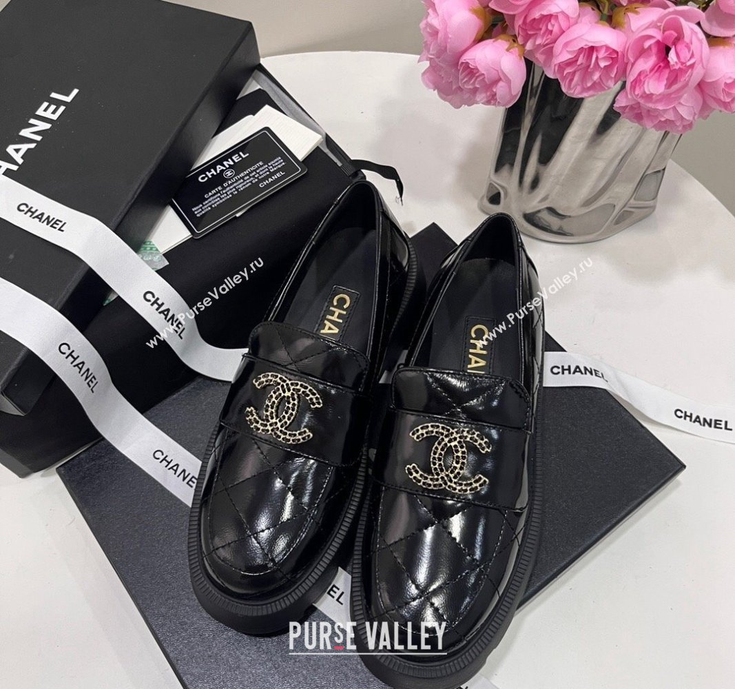 Chanel Patent Calfskin Platform Loafers 4.5cm with Chain CC Black 2024 CH101709 (KL-241017040)