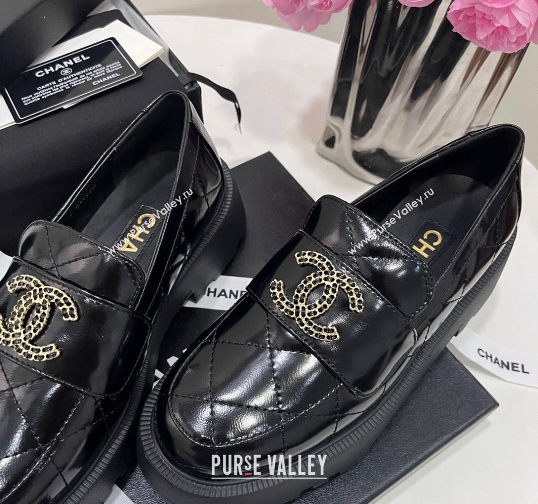 Chanel Patent Calfskin Platform Loafers 4.5cm with Chain CC Black 2024 CH101709 (KL-241017040)