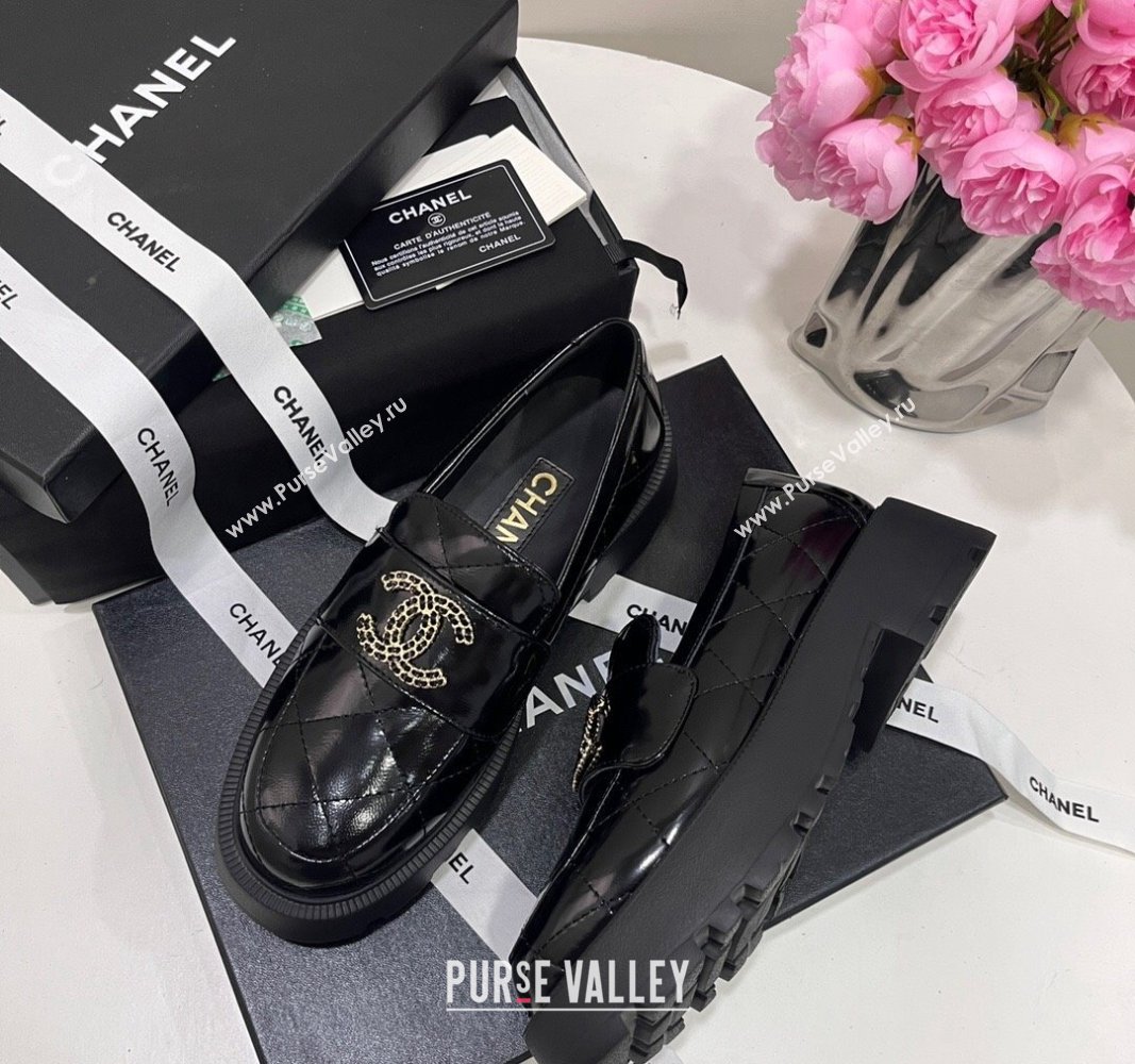 Chanel Patent Calfskin Platform Loafers 4.5cm with Chain CC Black 2024 CH101709 (KL-241017040)