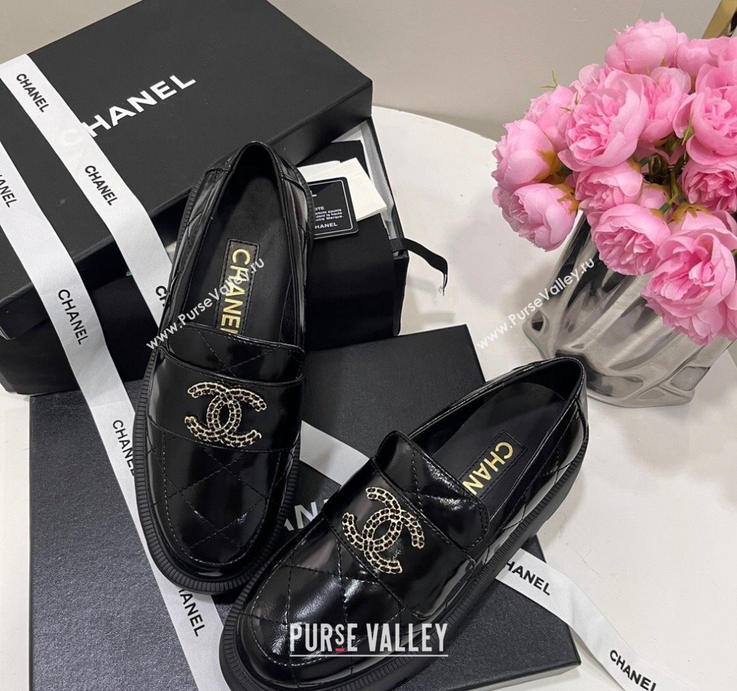 Chanel Patent Calfskin Platform Loafers 4.5cm with Chain CC Black 2024 CH101709 (KL-241017040)