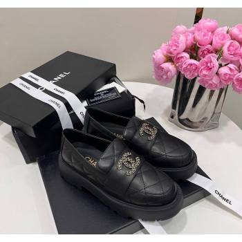 Chanel Quilted Lambskin Platform Loafers 4.5cm with Chain CC Black 2024 CH101709 (KL-241017039)