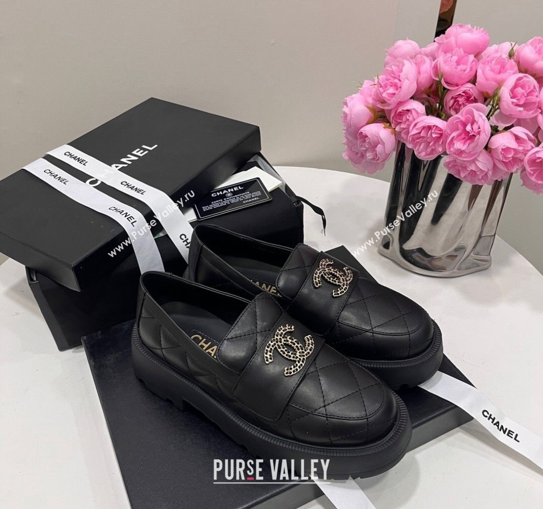 Chanel Quilted Lambskin Platform Loafers 4.5cm with Chain CC Black 2024 CH101709 (KL-241017039)