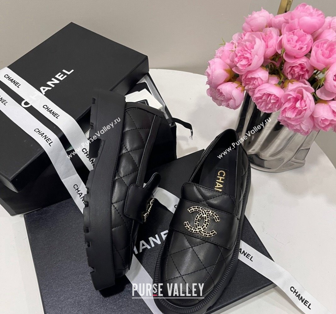 Chanel Quilted Lambskin Platform Loafers 4.5cm with Chain CC Black 2024 CH101709 (KL-241017039)