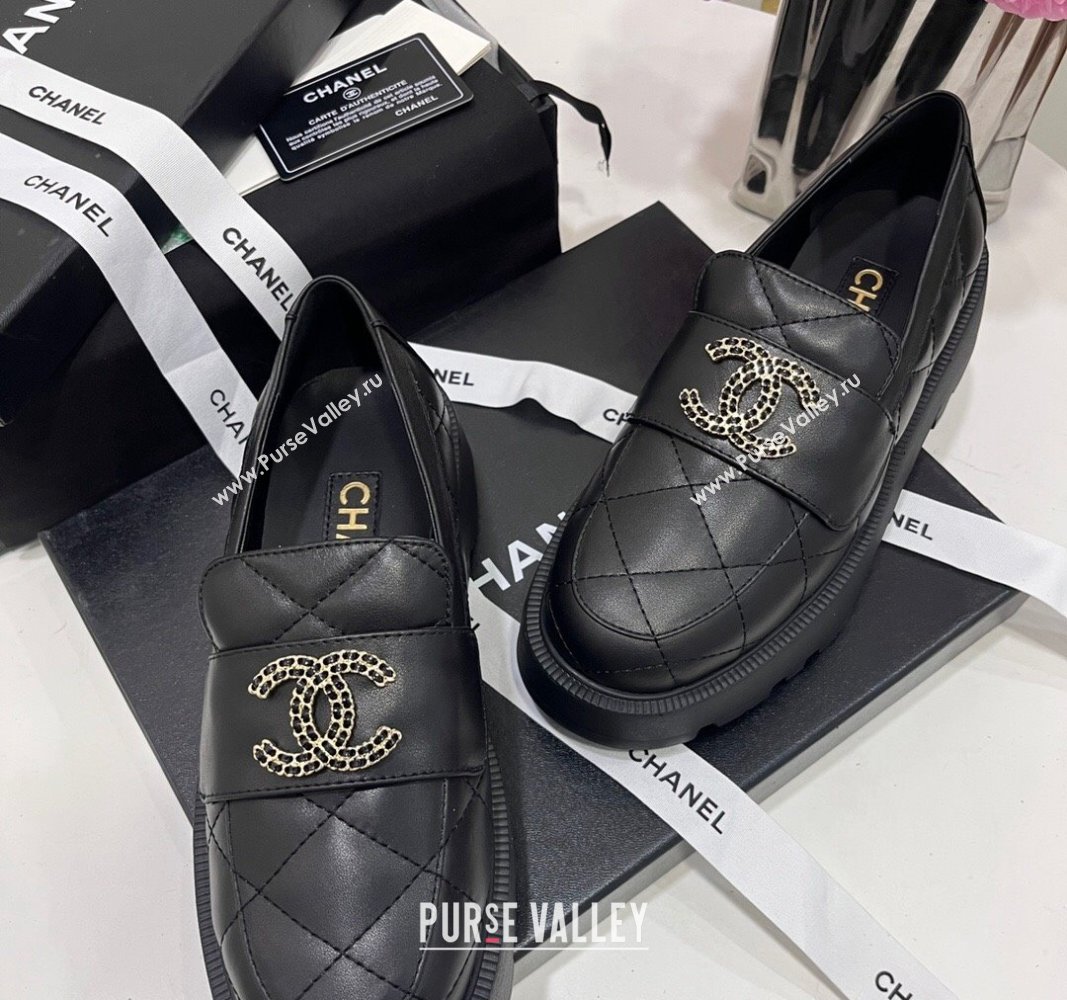 Chanel Quilted Lambskin Platform Loafers 4.5cm with Chain CC Black 2024 CH101709 (KL-241017039)