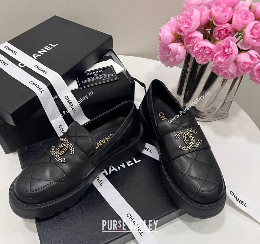 Chanel Quilted Lambskin Platform Loafers 4.5cm with Chain CC Black 2024 CH101709 (KL-241017039)