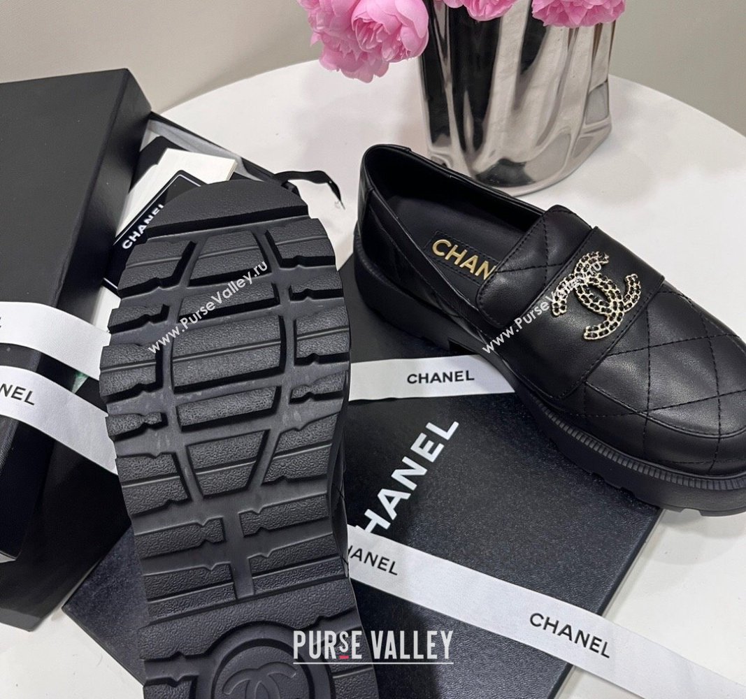 Chanel Quilted Lambskin Platform Loafers 4.5cm with Chain CC Black 2024 CH101709 (KL-241017039)