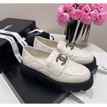 Chanel Quilted Lambskin Platform Loafers 4.5cm with Chain CC White 2024 CH101709 (KL-241017041)