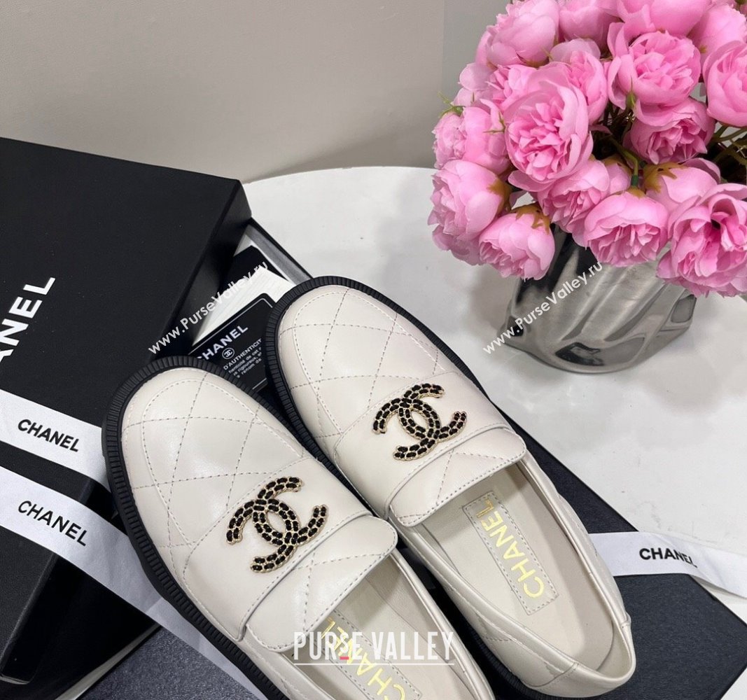 Chanel Quilted Lambskin Platform Loafers 4.5cm with Chain CC White 2024 CH101709 (KL-241017041)