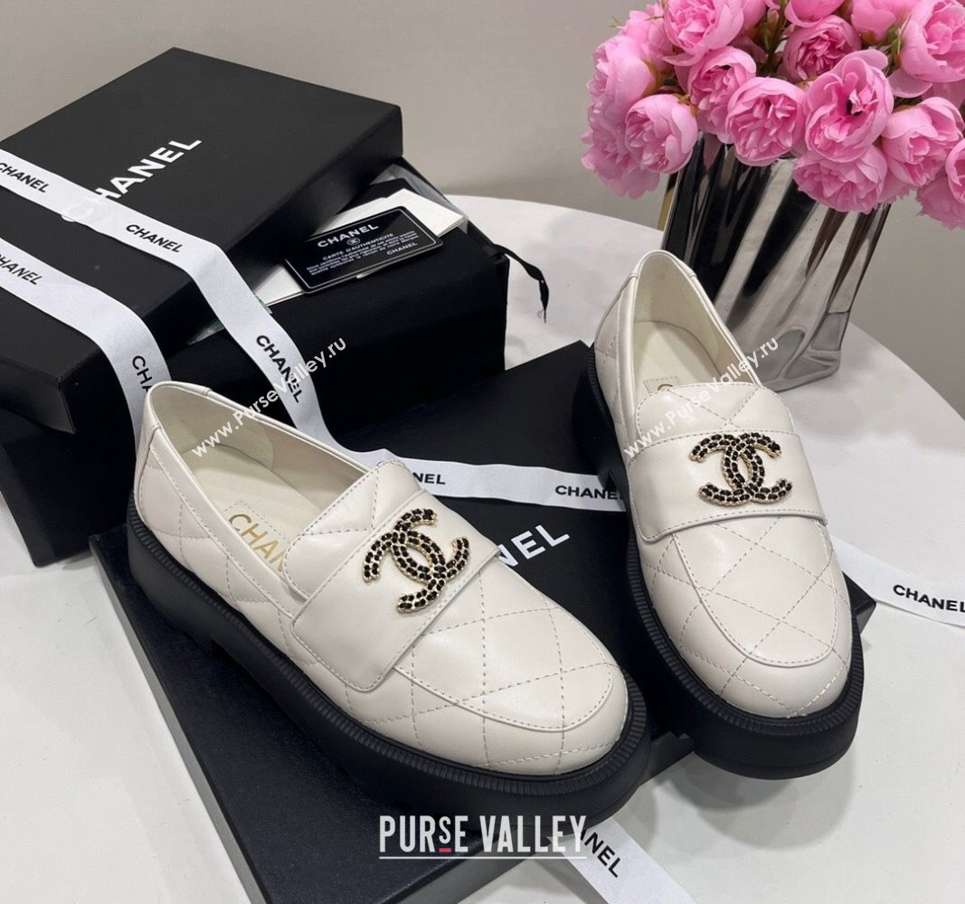 Chanel Quilted Lambskin Platform Loafers 4.5cm with Chain CC White 2024 CH101709 (KL-241017041)