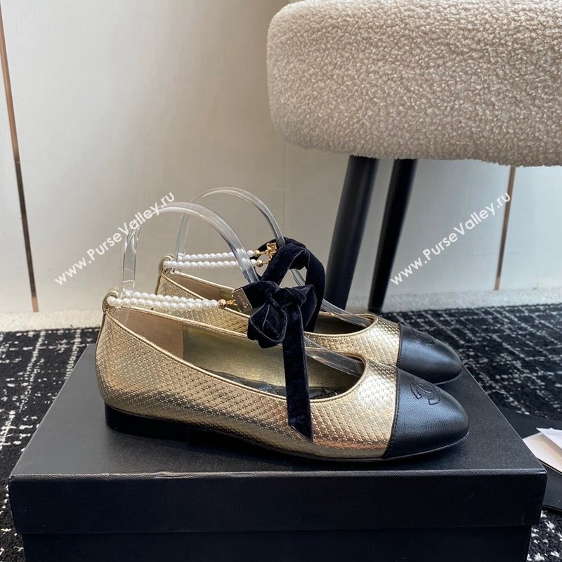 Chanel Embossed Calfskin Ballet Flat with Pearls Laces Gold 2024 CH101704 (KL-241017023)