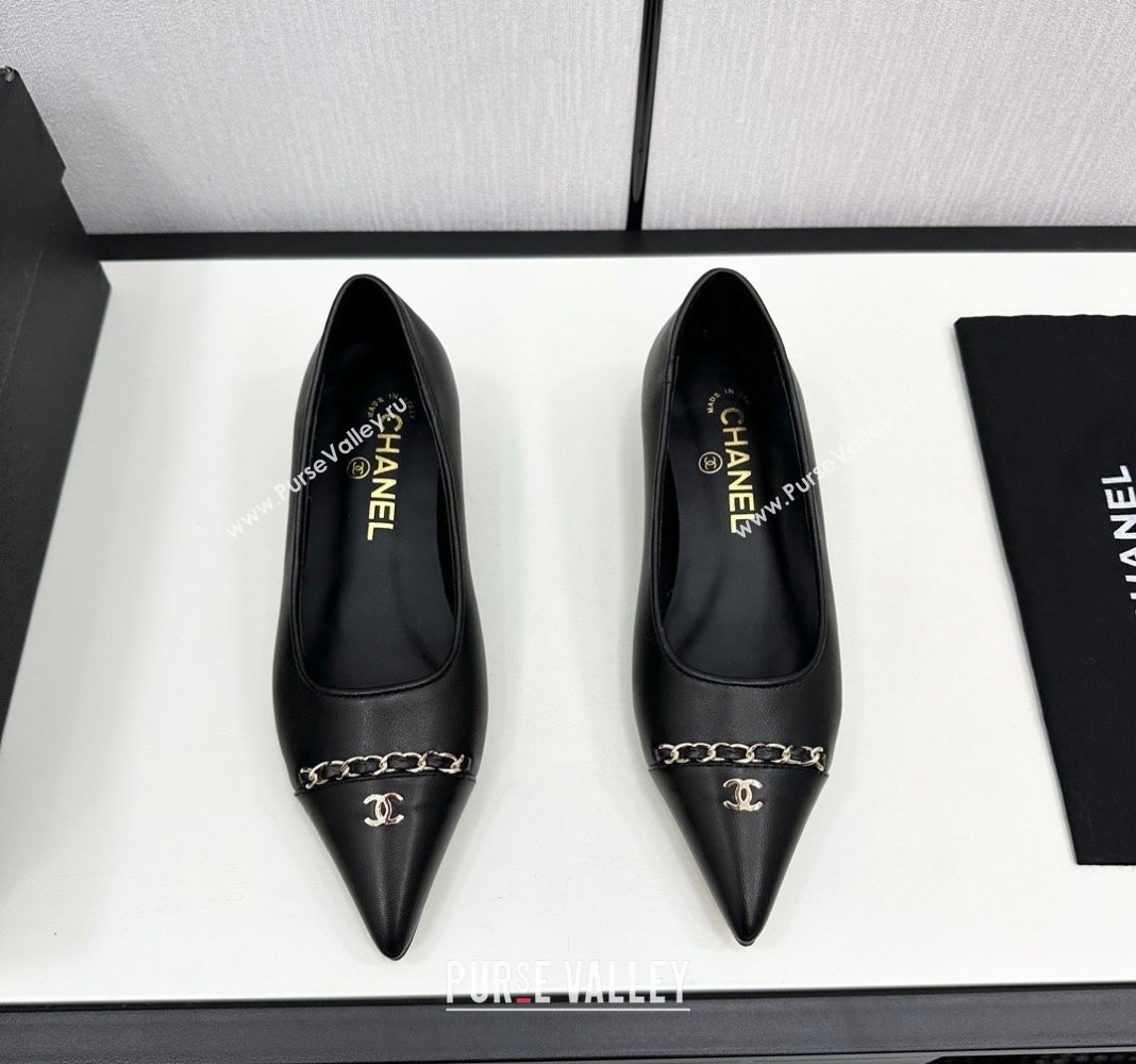 Chanel Lambskin Pointed Pumps with Chain Black 2024 CH101714 (KL-241017079)