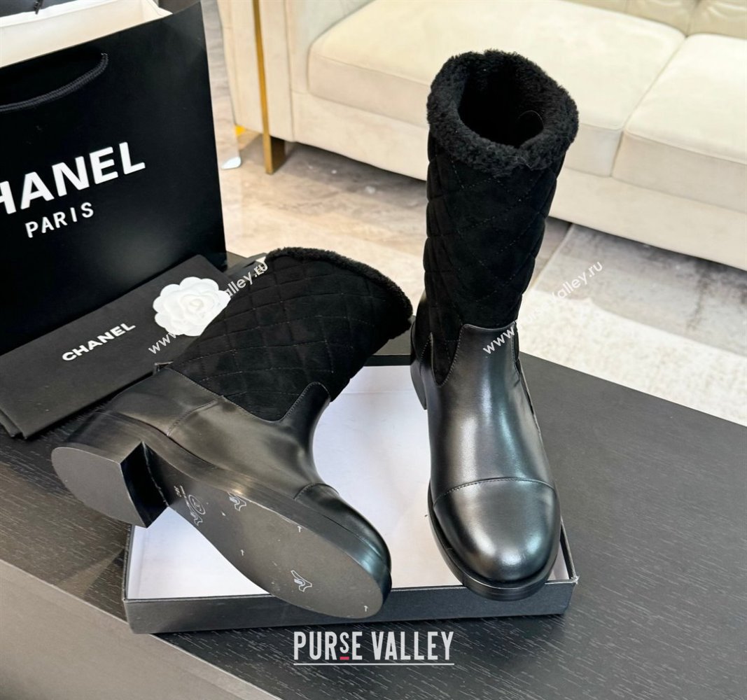 Chanel Suede and Shiny Calfskin Medium Boots 4.5cm Black 2024 CH101502 (KL-241015080)